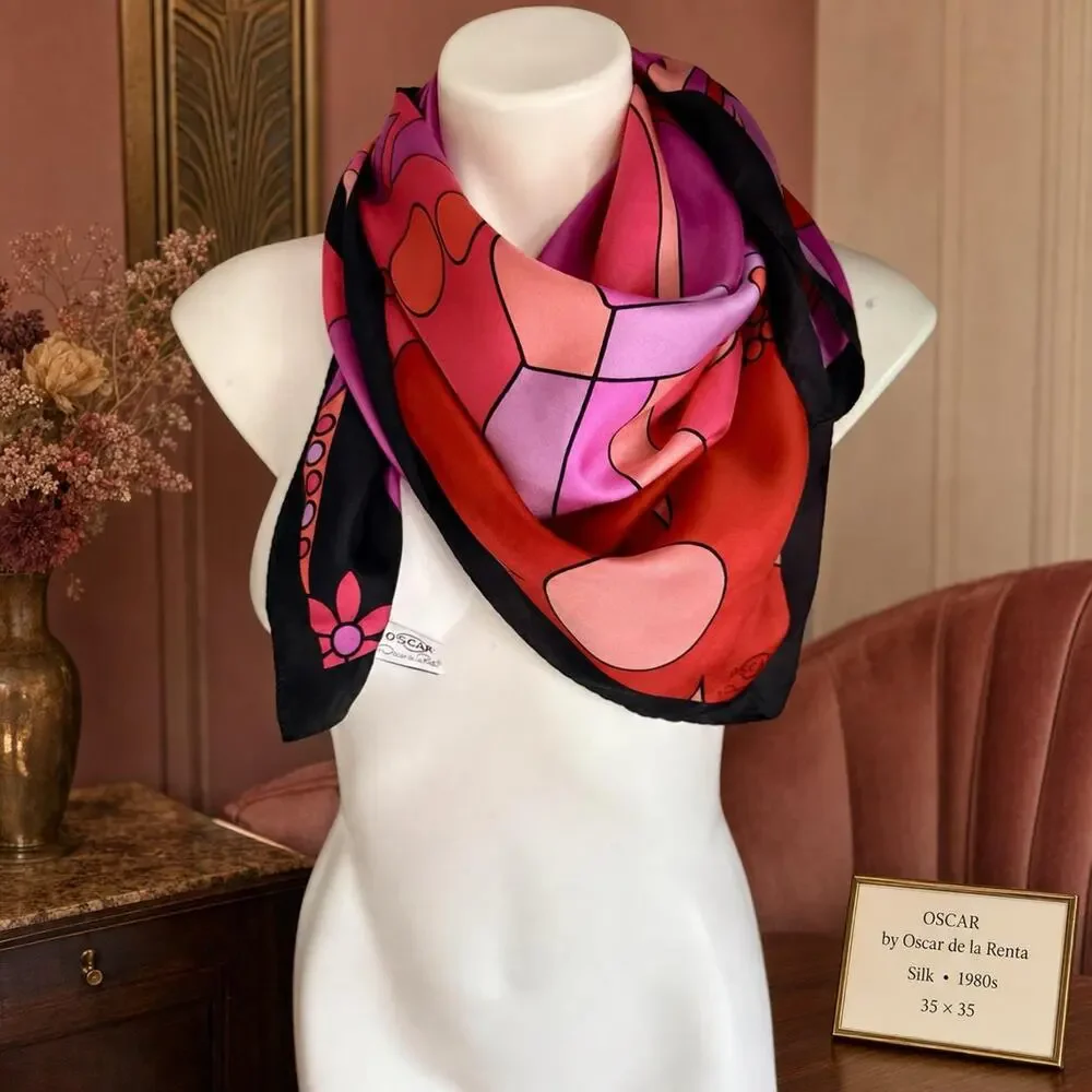 Vintage Oscar by Oscar de la Renta Silk Scarf 1980s Psychedelic Mod Floral 35x35